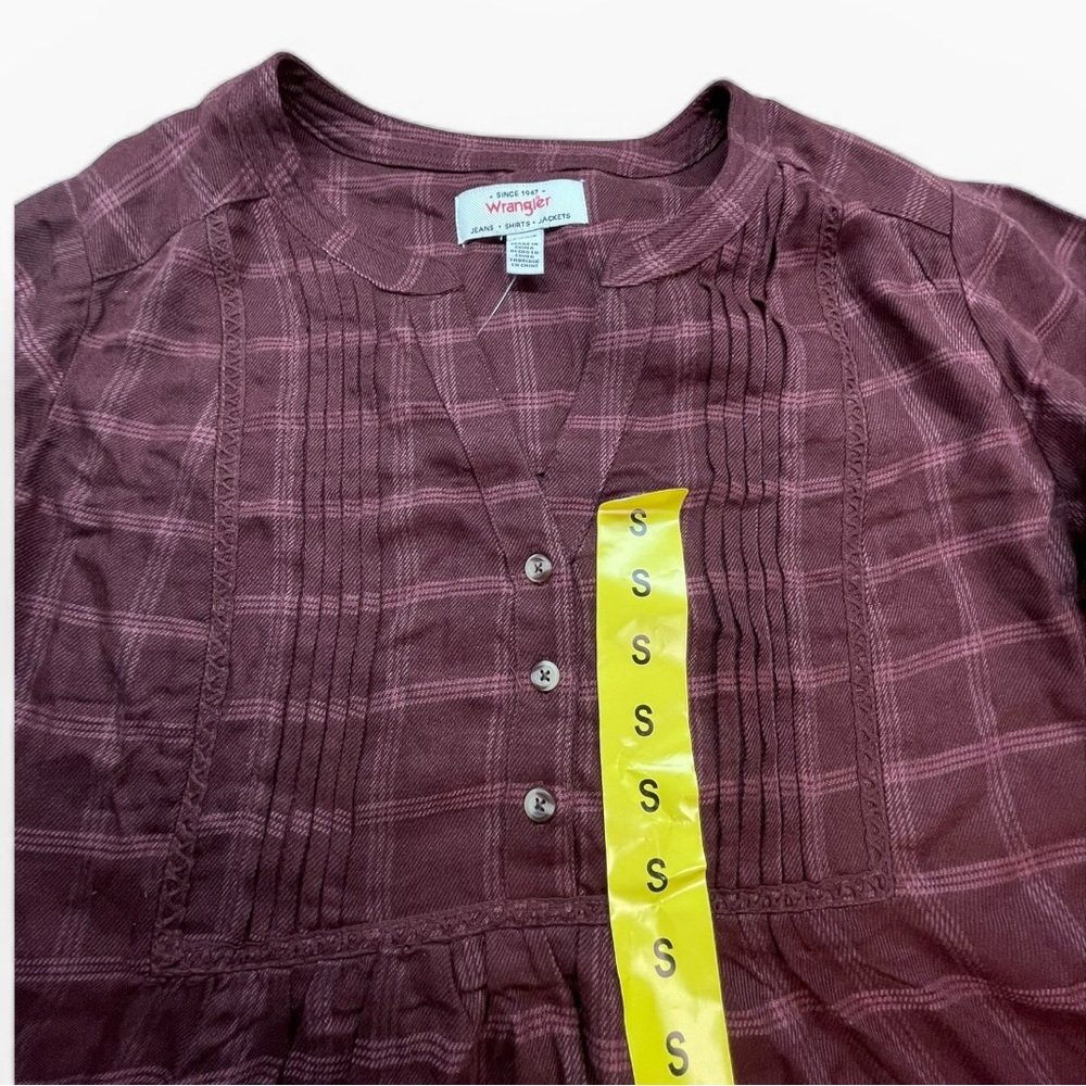 Western Boho Plaid Wrangler Peasant Blouse Burgundy Size S 3/4 Sleeve top NWT - Picture 3 of 13